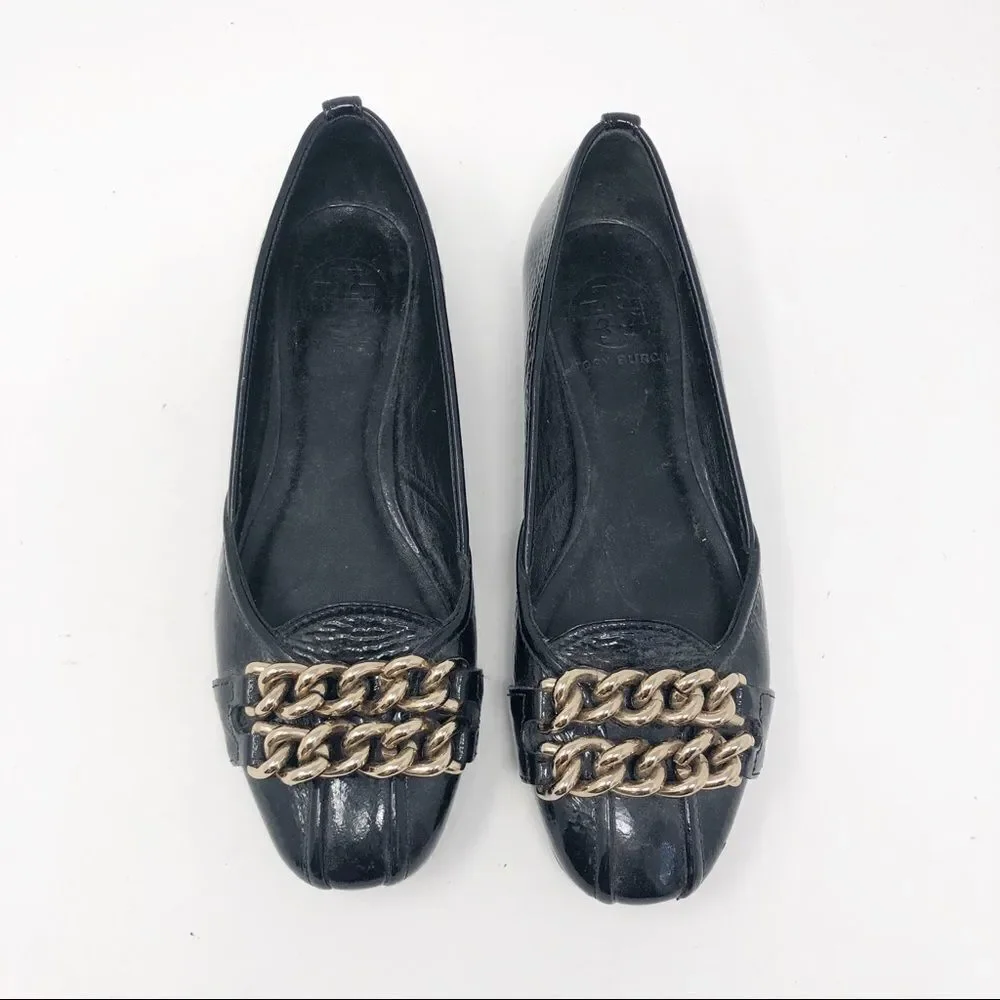 TORY BURCH | Hana Black Patent Leather Flats Gold Chains 5.5